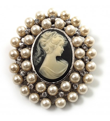 Simulated Pearl Crystal Brooch Silver