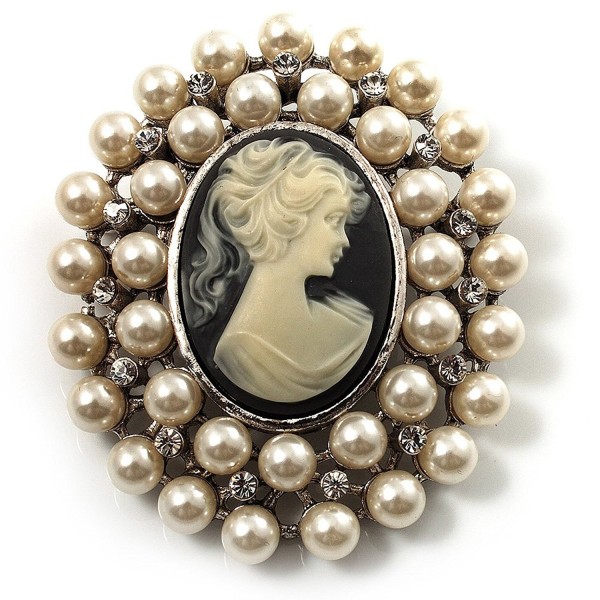 Simulated Pearl Crystal Brooch Silver