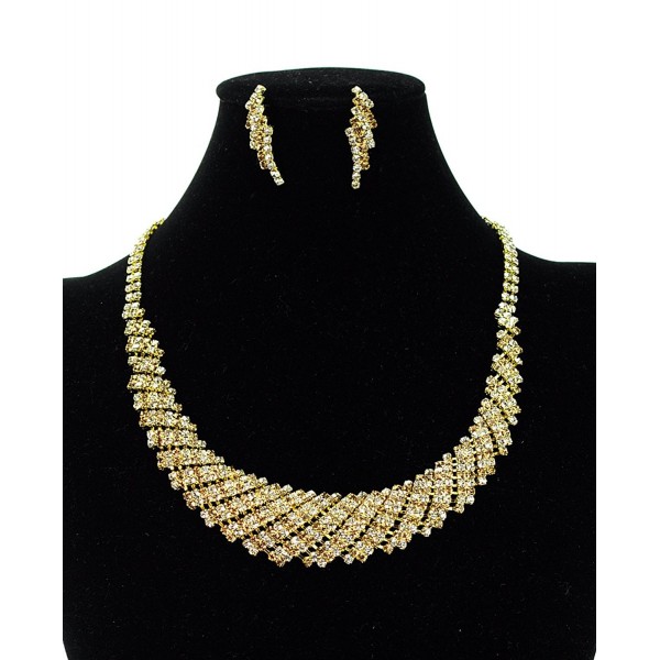 Gold Tone Rhinestone Evening Necklace Earrings