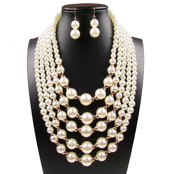 Women Elegant Jewelry Set White Pearl Bead Cluster Collar Bib Choker ...