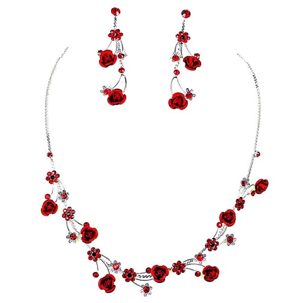 faceted metal red rose flower crystal rhinestone necklace earring set u red