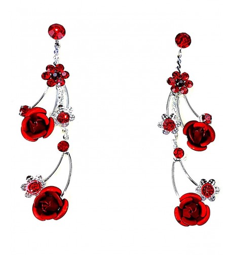 Faceted Metal Red Rose Flower Crystal Rhinestone Necklace & Earring Set ...