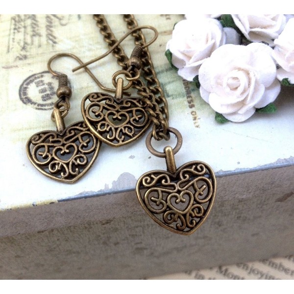 Vintage Necklace Earrings Bronze Filigree