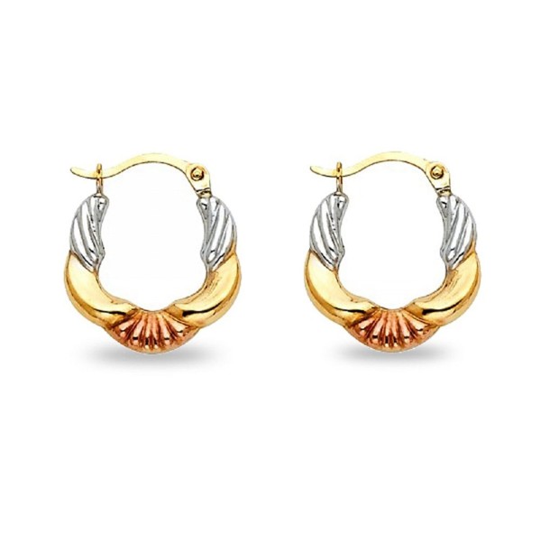 Solid 14K Yellow Gold Tri-color Fancy Hollow Hoop Earrings 