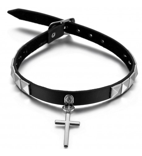 Women-Men's Alloy Genuine Leather Necklace Choker Collar Black Silver ...