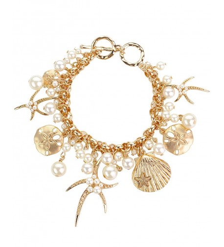 Starfish Seashell Simulated Bracelet Gold Tone