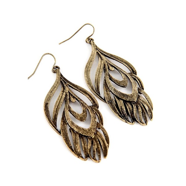 Antiqued Gold Feather Outline Drop Earrings - CG125HO3SD1