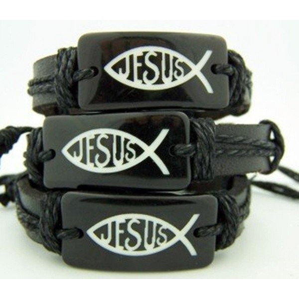 Acrylic Ichthus Adjustable Leather Bracelet