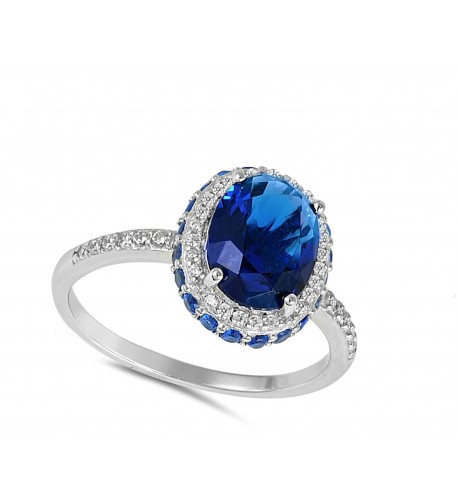 Sterling Silver Oval Sideways Halo Ring - Blue Simulated Sapphire ...