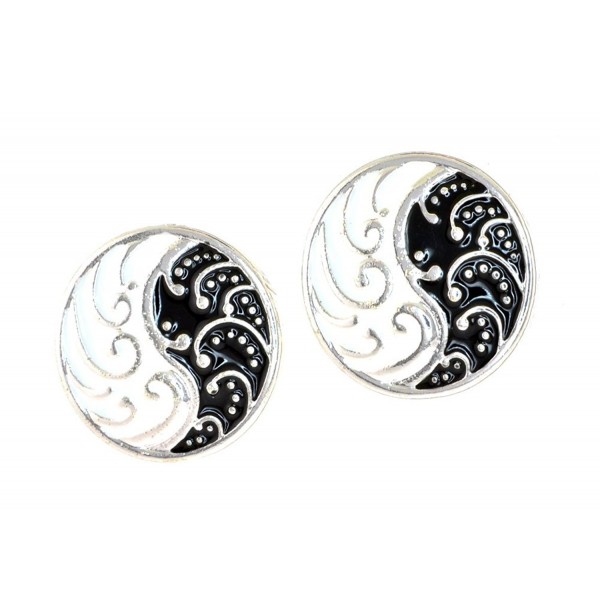 Siver tone Waves Black Enamel Earrings