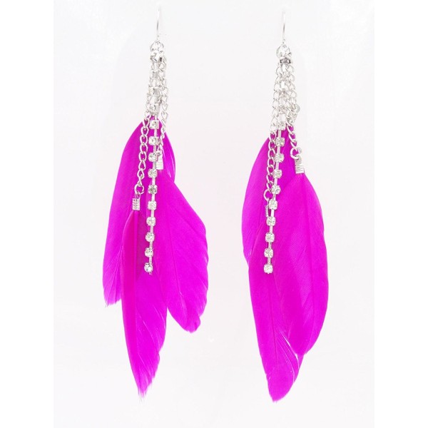 Fuscia Three Feather Earrings Rinestones