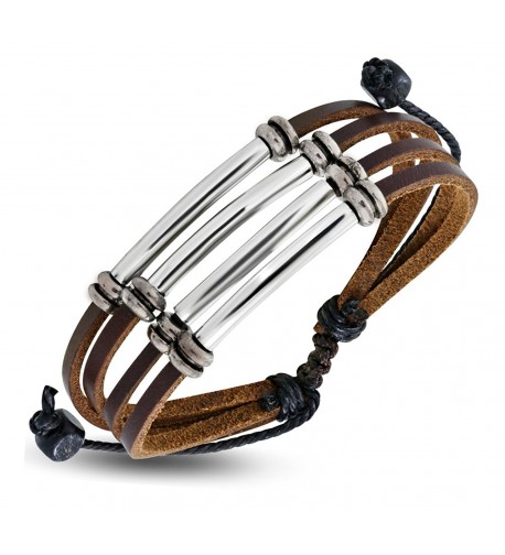 Leather Bracelet Silvertone Adjustable Drawstring