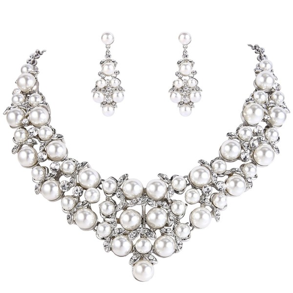 BriLove Simulated Statement Necklace Silver Tone